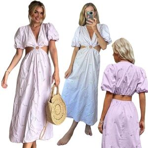 Zara Lylac Lavender Purple Puff Sleeve Cut Out Dainty Boho Maxi Dress